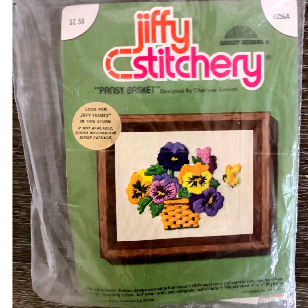 Vintage Jiffy Stitchery Pansy Basket Crewel Embroidery Kit Sunset Designs 256A